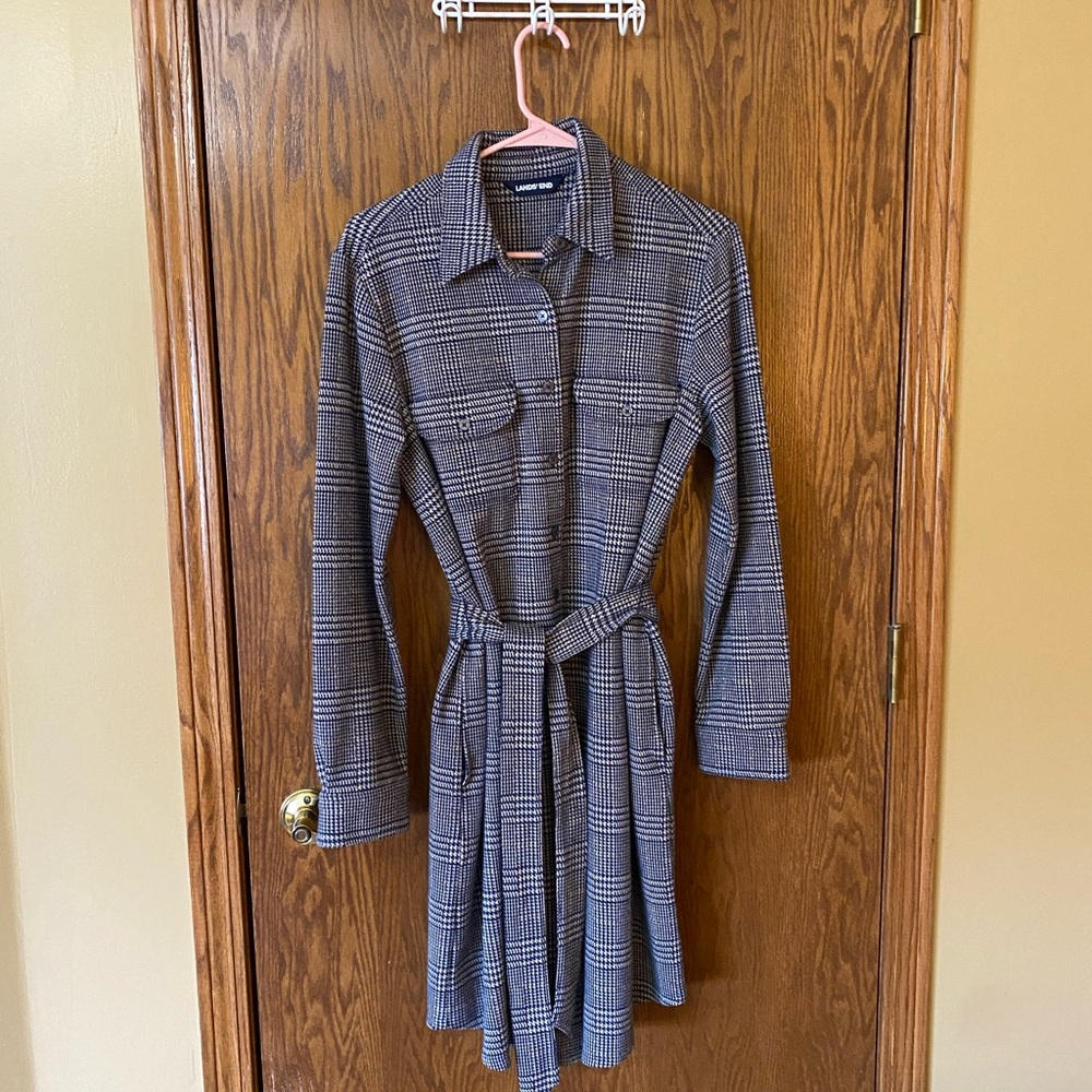 Lands' End Tan, Navy & Brown Plaid Long Sleeve Shirt Dress